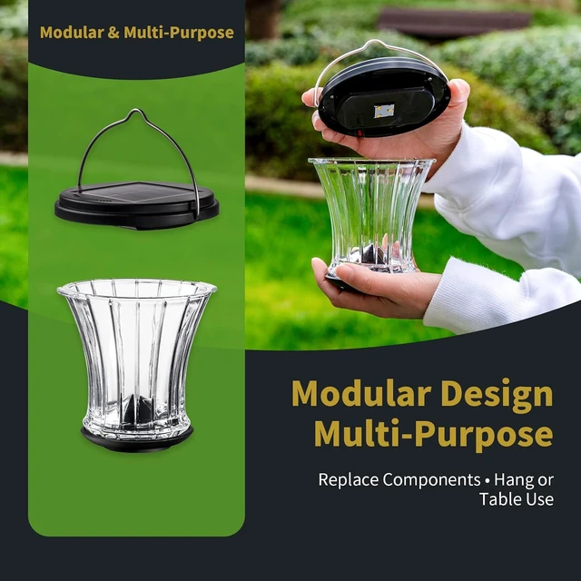 Alt view image 6 of 6 - Waterproof Glass Solar Lantern with Modular Design, 3000K LED Hanging/Table Lamp with Auto On/Off for Garden, Patio, Yard, Fence & Wall, Warm White (4 Pack)