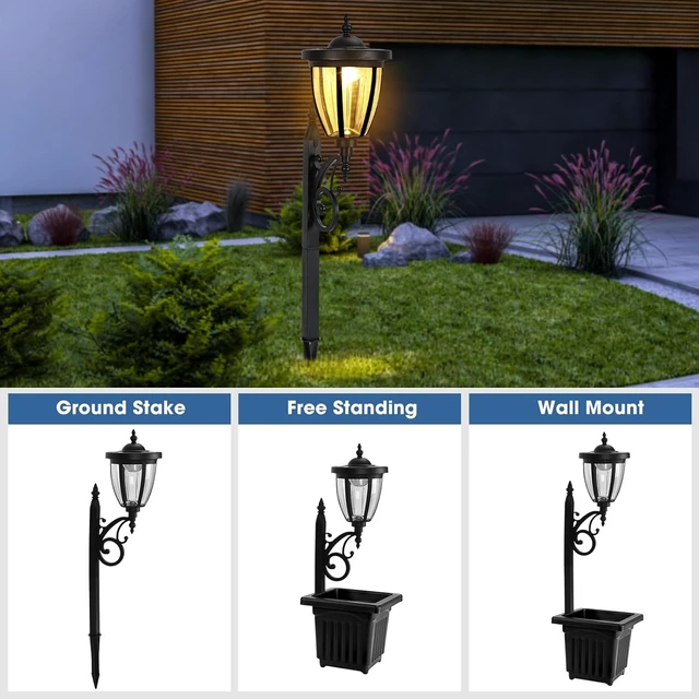 Alt view image 2 of 7 - Kambria Multi-Function 2-Piece Solar Light Set with Posts, Ground Stakes, Planters & Wall Mount Hardware for Patio, Porch, Deck & Yard