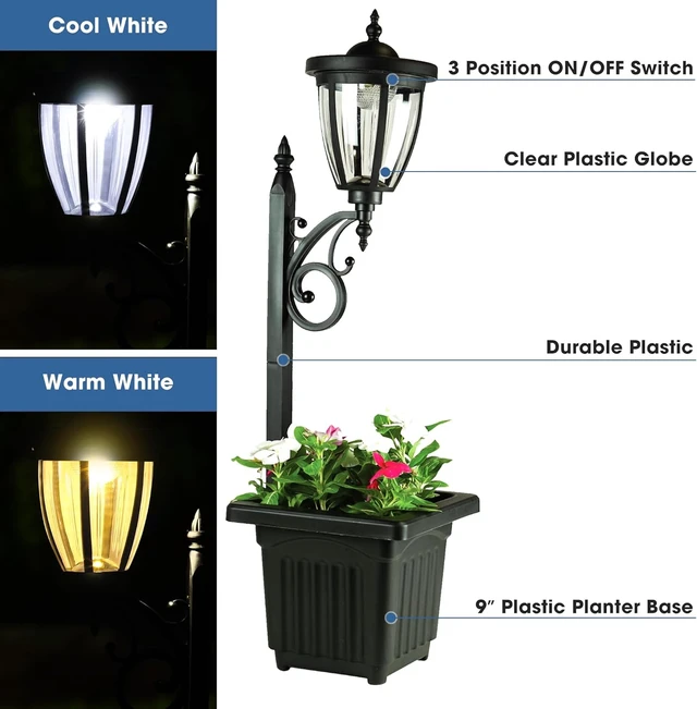 Alt view image 3 of 7 - Kambria Multi-Function 2-Piece Solar Light Set with Posts, Ground Stakes, Planters & Wall Mount Hardware for Patio, Porch, Deck & Yard