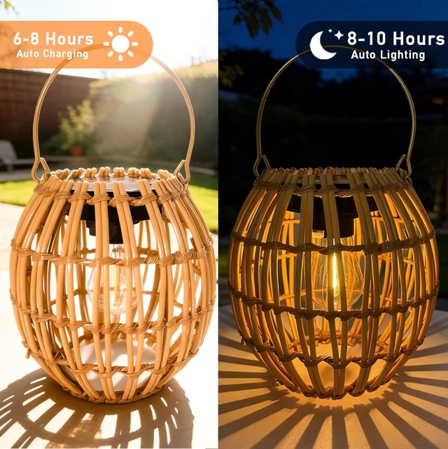 Alt view image 4 of 7 - 2 Pack Waterproof Rattan Solar Lanterns, Outdoor