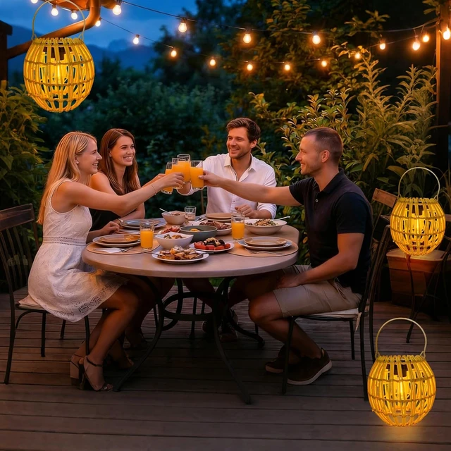Alt view image 7 of 7 - 2 Pack Waterproof Rattan Solar Lanterns, Outdoor