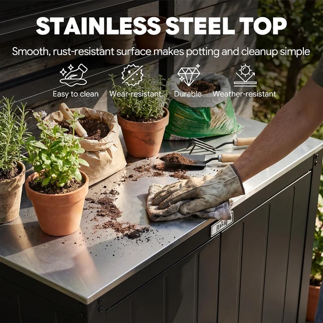 Alt view image 3 of 7 - Outdoor Potting Bench Table & Storage Cabinet, Black