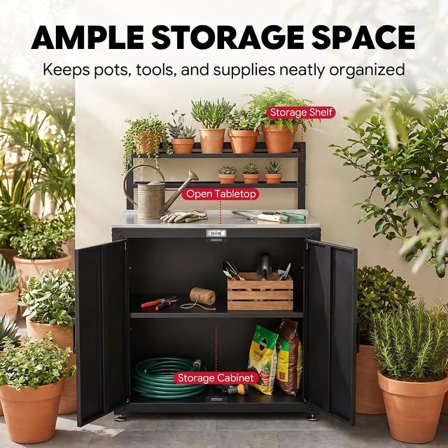 Alt view image 5 of 7 - Outdoor Potting Bench Table & Storage Cabinet, Black