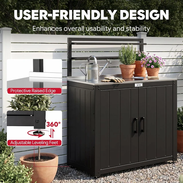 Alt view image 7 of 7 - Outdoor Potting Bench Table & Storage Cabinet, Black