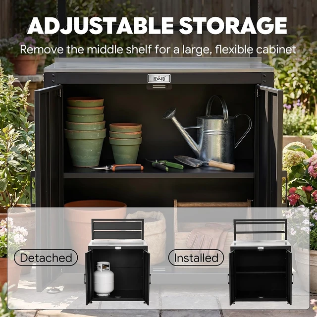 Alt view image 6 of 7 - Outdoor Potting Bench Table & Storage Cabinet, Black