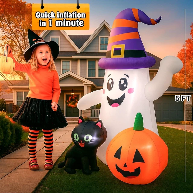 Alt view image 2 of 7 - 5FT Cute Halloween Inflatable Ghost, Blow-Up Wizard Ghost with Pumpkin & Black Cat for Garden, Lawn, Indoor & Party Decor