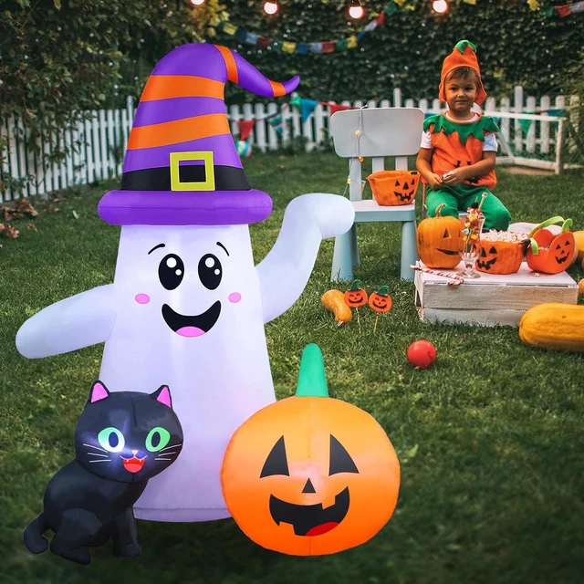 Alt view image 3 of 7 - 5FT Cute Halloween Inflatable Ghost, Blow-Up Wizard Ghost with Pumpkin & Black Cat for Garden, Lawn, Indoor & Party Decor