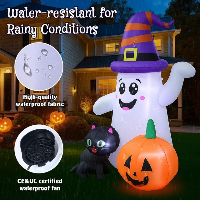 Alt view image 4 of 7 - 5FT Cute Halloween Inflatable Ghost, Blow-Up Wizard Ghost with Pumpkin & Black Cat for Garden, Lawn, Indoor & Party Decor