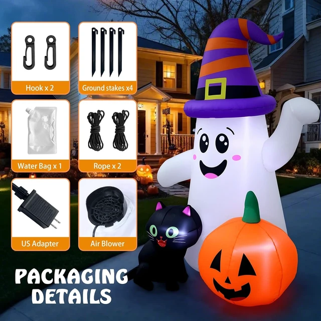 Alt view image 5 of 7 - 5FT Cute Halloween Inflatable Ghost, Blow-Up Wizard Ghost with Pumpkin & Black Cat for Garden, Lawn, Indoor & Party Decor