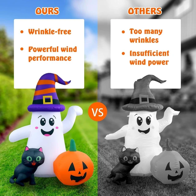 Alt view image 6 of 7 - 5FT Cute Halloween Inflatable Ghost, Blow-Up Wizard Ghost with Pumpkin & Black Cat for Garden, Lawn, Indoor & Party Decor