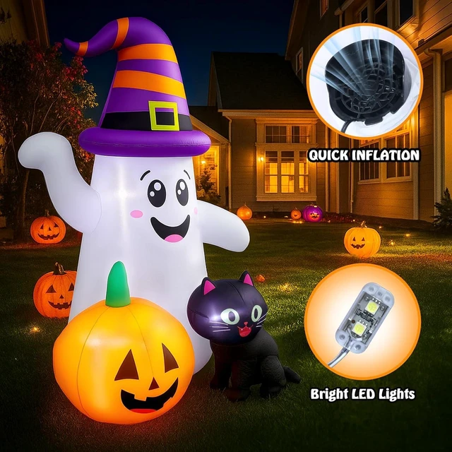 Alt view image 7 of 7 - 5FT Cute Halloween Inflatable Ghost, Blow-Up Wizard Ghost with Pumpkin & Black Cat for Garden, Lawn, Indoor & Party Decor