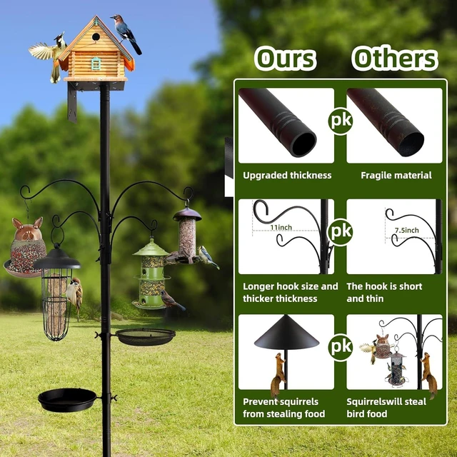 Alt view image 6 of 7 - 92 Inch Heavy Duty Bird Feeder Pole with Squirrel-Proof Baffle, Adjustable Feeding Station with Multi Shepherd Hooks & Metal Trays for Garden Attracting Wild Birds