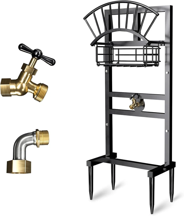 Main image of Freestanding Garden Hose Holder with Brass Faucet