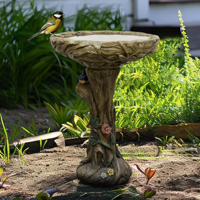Alt view image 2 of 7 - 25.5 Inch Wood-Look Concrete Bird Bath with Faux Bird Rustic Long-Lasting Birdbath for Garden, Patio, Yard & Lawn Décor