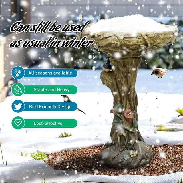 Alt view image 3 of 7 - 25.5 Inch Wood-Look Concrete Bird Bath with Faux Bird Rustic Long-Lasting Birdbath for Garden, Patio, Yard & Lawn Décor