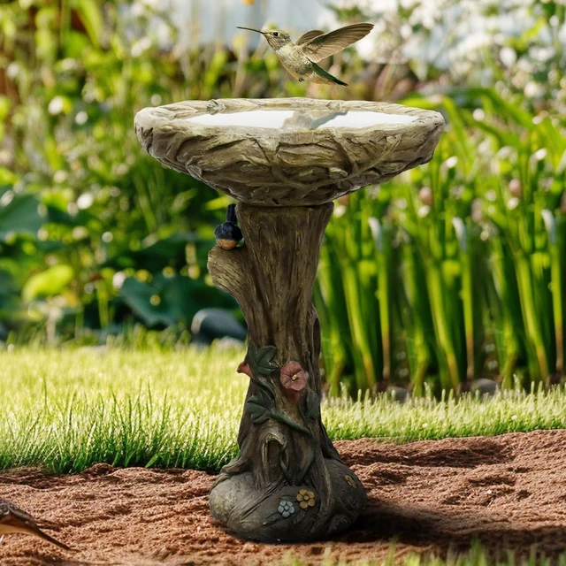 Alt view image 4 of 7 - 25.5 Inch Wood-Look Concrete Bird Bath with Faux Bird Rustic Long-Lasting Birdbath for Garden, Patio, Yard & Lawn Décor