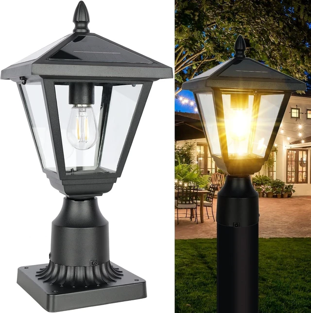 Main image of Metal & Glass Solar Post Lights, No Wiring, Auto Dusk-to-Dawn Fence & Pillar Lamp for Backyard, Garden & Pathway (Warm White)