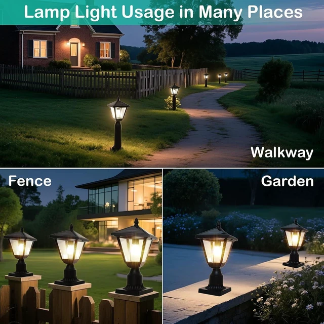 Alt view image 3 of 7 - Metal & Glass Solar Post Lights, No Wiring, Auto Dusk-to-Dawn Fence & Pillar Lamp for Backyard, Garden & Pathway (Warm White)