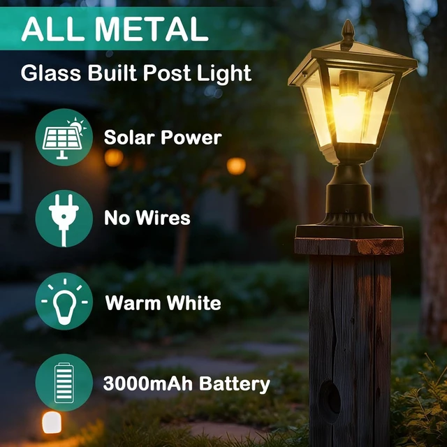 Alt view image 5 of 7 - Metal & Glass Solar Post Lights, No Wiring, Auto Dusk-to-Dawn Fence & Pillar Lamp for Backyard, Garden & Pathway (Warm White)