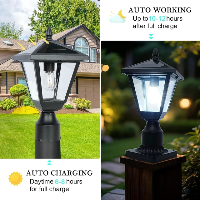 Alt view image 7 of 7 - Metal & Glass Solar Post Lights, No Wiring, Auto Dusk-to-Dawn Fence & Pillar Lamp for Backyard, Garden & Pathway (Warm White)