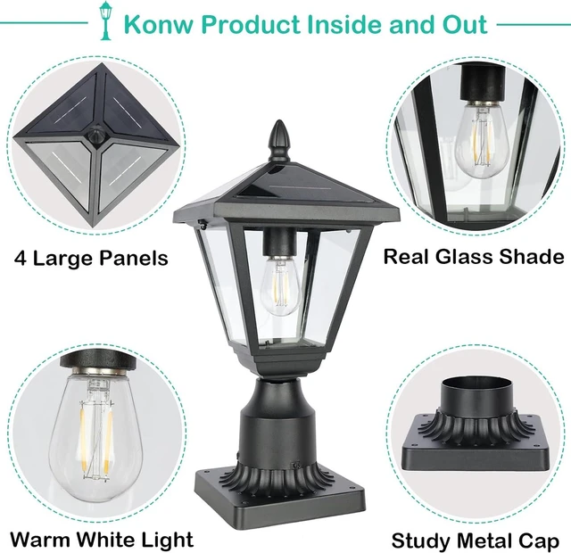Alt view image 4 of 7 - Metal & Glass Solar Post Lights, No Wiring, Auto Dusk-to-Dawn Fence & Pillar Lamp for Backyard, Garden & Pathway (Warm White)