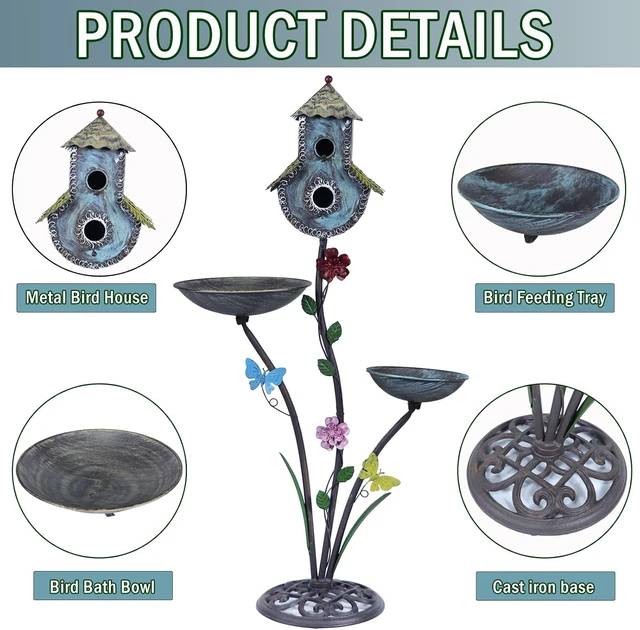Alt view image 2 of 6 - Cast Iron Pedestal Bird Bath for Outdoors Metal Birdbath & Bird House