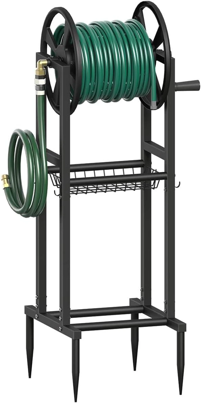 Main image of 4-Spike Freestanding Garden Hose Reel for 125ft of 5/8" Hose with 3.9ft Leader Hose, Brass Fitting & 4 Hooks, Detachable Metal Stand, Black
