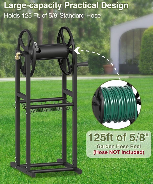 Alt view image 2 of 7 - 4-Spike Freestanding Garden Hose Reel for 125ft of 5/8" Hose with 3.9ft Leader Hose, Brass Fitting & 4 Hooks, Detachable Metal Stand, Black