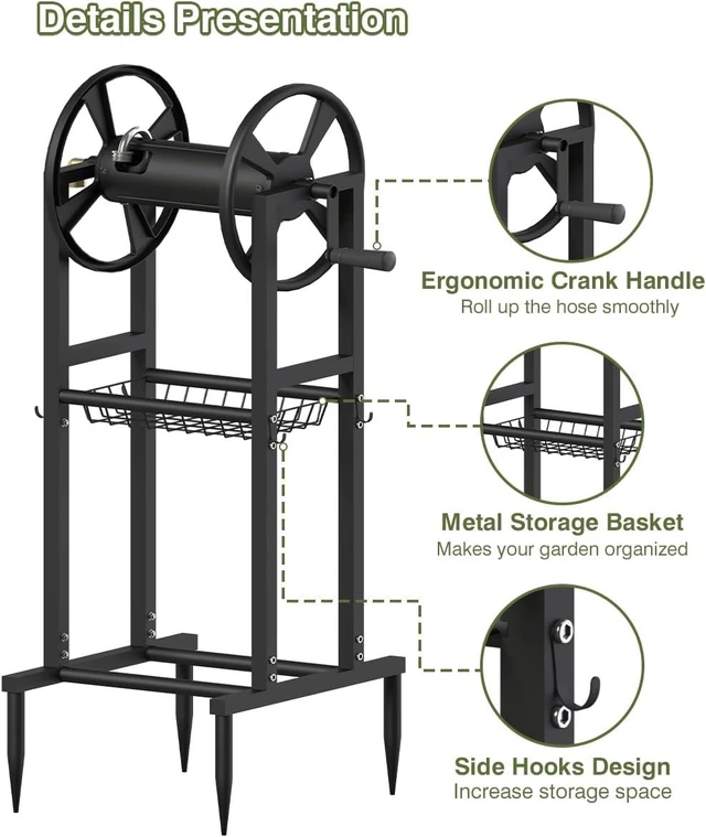 Alt view image 5 of 7 - 4-Spike Freestanding Garden Hose Reel for 125ft of 5/8" Hose with 3.9ft Leader Hose, Brass Fitting & 4 Hooks, Detachable Metal Stand, Black