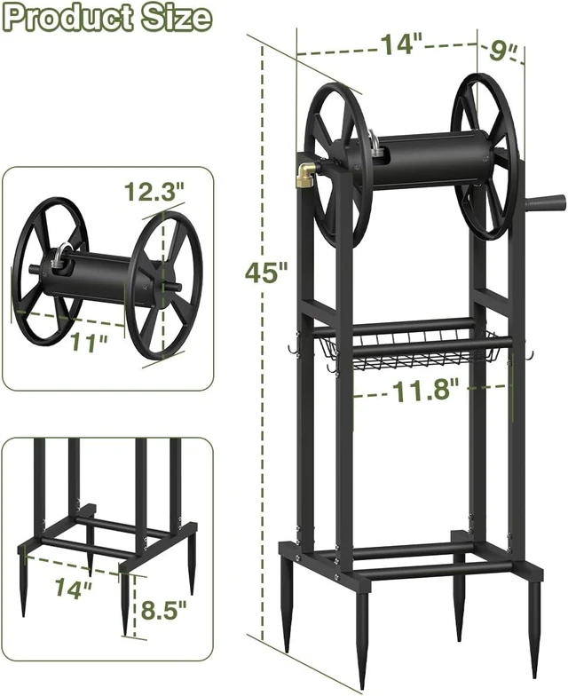 Alt view image 3 of 7 - 4-Spike Freestanding Garden Hose Reel for 125ft of 5/8" Hose with 3.9ft Leader Hose, Brass Fitting & 4 Hooks, Detachable Metal Stand, Black