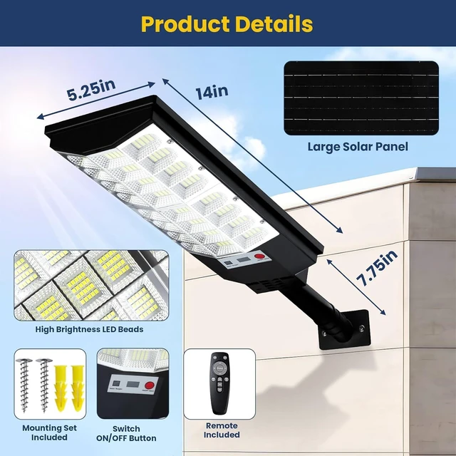 Alt view image 6 of 7 - 12000LM 6500K Waterproof Solar Street Lights with Motion Sensor & Remote, Dusk-to-Dawn LED Flood Lighting for Parking Lot & Yard, 4-Pack