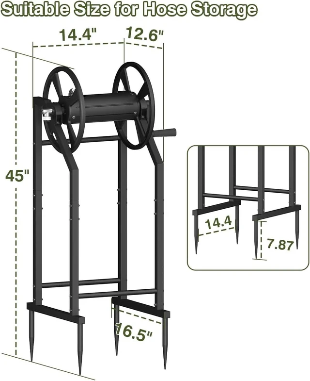 Alt view image 2 of 7 - Freestanding 4-Spike Garden Hose Reel for 125ft of 5/8" Hose with 3.9ft Leader Hose & Stainless Fitting, Metal Stand for Yard, Black