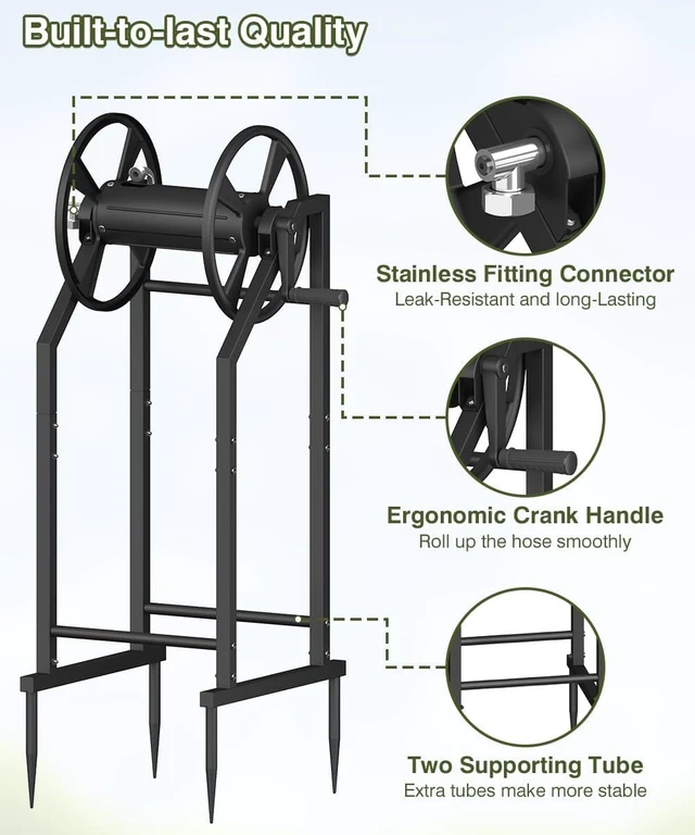 Alt view image 3 of 7 - Freestanding 4-Spike Garden Hose Reel for 125ft of 5/8" Hose with 3.9ft Leader Hose & Stainless Fitting, Metal Stand for Yard, Black