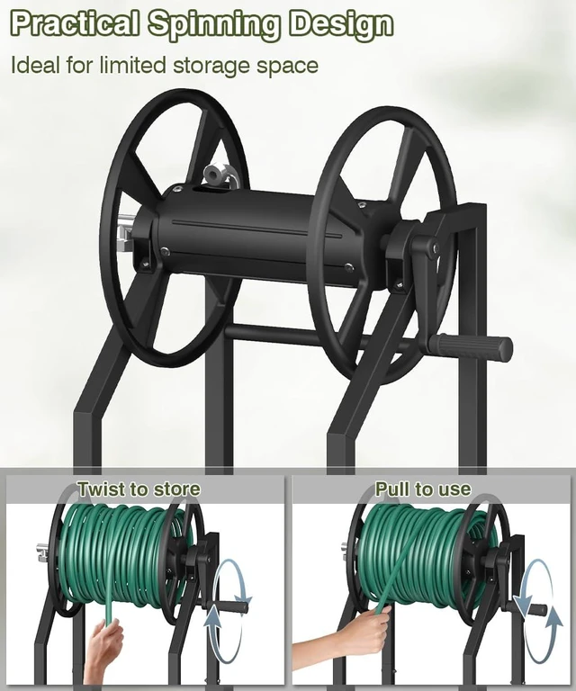 Alt view image 6 of 7 - Freestanding 4-Spike Garden Hose Reel for 125ft of 5/8" Hose with 3.9ft Leader Hose & Stainless Fitting, Metal Stand for Yard, Black