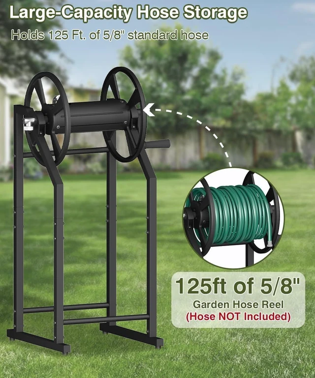 Alt view image 4 of 7 - Freestanding 4-Spike Garden Hose Reel for 125ft of 5/8" Hose with 3.9ft Leader Hose & Stainless Fitting, Metal Stand for Yard, Black