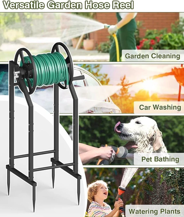 Alt view image 7 of 7 - Freestanding 4-Spike Garden Hose Reel for 125ft of 5/8" Hose with 3.9ft Leader Hose & Stainless Fitting, Metal Stand for Yard, Black
