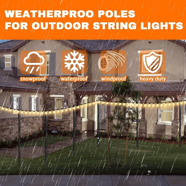 Alt view image 4 of 7 - 10Ft Metal String Light Poles with Forks & Fence Brackets, Outdoor Hanging Light Stands for Garden, Patio & Wedding, 4 Pack