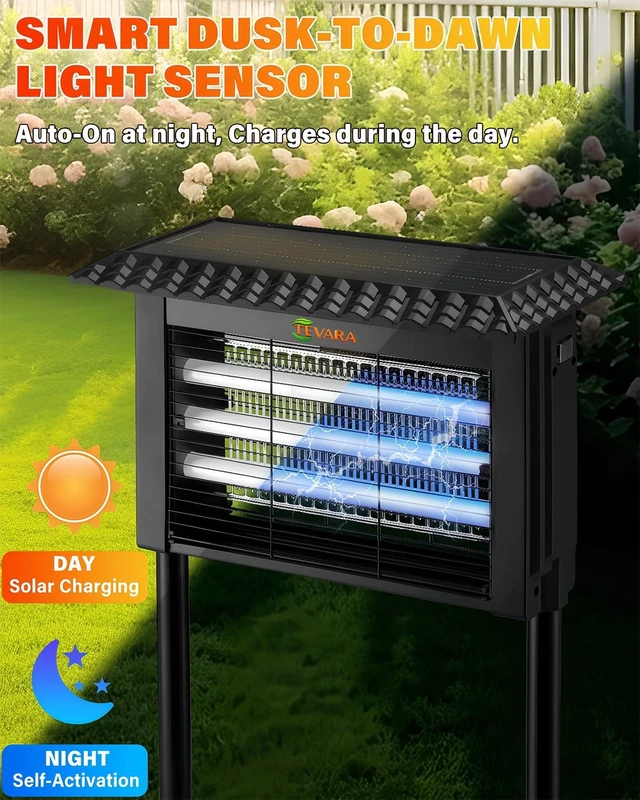 Alt view image 2 of 7 - 4500V Cordless Solar Bug Zapper with Rain-Sensing Control, 10W Panel & Light Sensor, 2-in-1 Pathway Light & Fly Zapper for Patio, Garden (Standard)