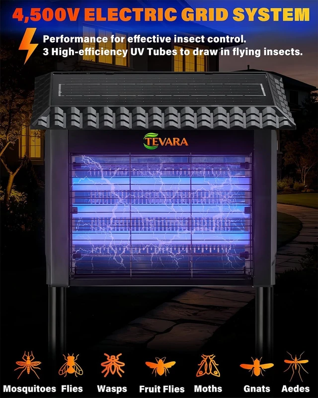 Alt view image 5 of 7 - 4500V Cordless Solar Bug Zapper with Rain-Sensing Control, 10W Panel & Light Sensor, 2-in-1 Pathway Light & Fly Zapper for Patio, Garden (Standard)