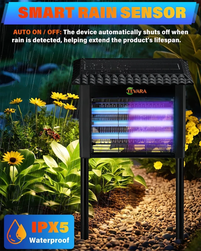 Alt view image 4 of 7 - 4500V Cordless Solar Bug Zapper with Rain-Sensing Control, 10W Panel & Light Sensor, 2-in-1 Pathway Light & Fly Zapper for Patio, Garden (Standard)