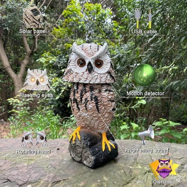 Alt view image 3 of 5 - Solar Owl Garden Sculpture Tiger Owl with Flashing Eyes, Rotating Head, Hoot Sound, Motion Detector & Silent Mode