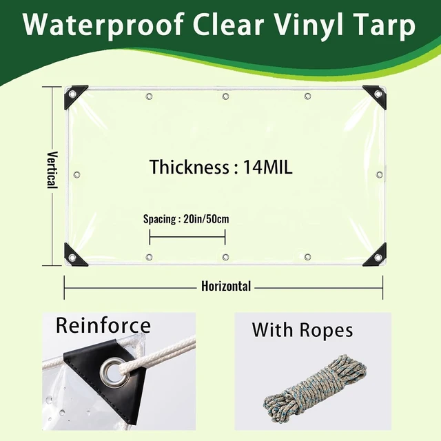 Alt view image 3 of 7 - 8' x 10' Clear Waterproof Vinyl Tarp Curtain, 0.35mm Wind-Proof Anti-Tear PVC Cover with Grommets for Patio, Pergola & Canopy