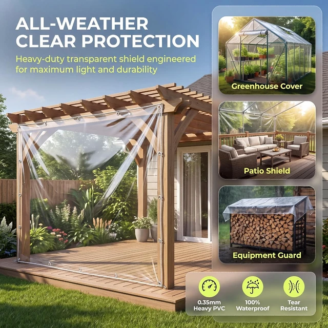 Alt view image 5 of 7 - 8' x 10' Clear Waterproof Vinyl Tarp Curtain, 0.35mm Wind-Proof Anti-Tear PVC Cover with Grommets for Patio, Pergola & Canopy