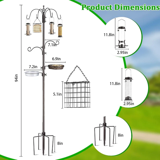 Alt view image 2 of 6 - 94-Inch 6-Hook Metal Bird Feeding Station Kit Feeder Pole