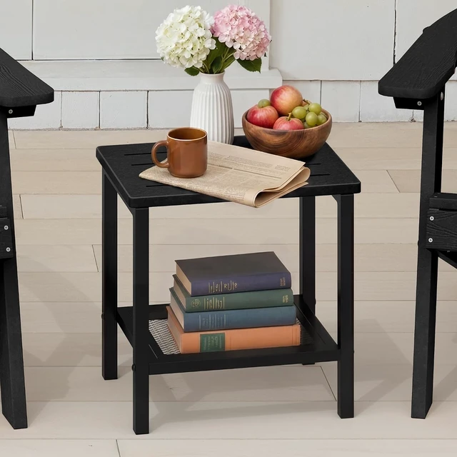 Alt view image 2 of 7 - Black HDPE Outdoor Side Table with 2-Tier Storage