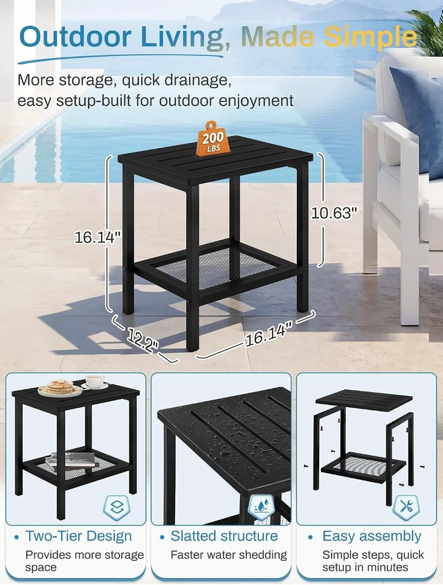Alt view image 3 of 7 - Black HDPE Outdoor Side Table with 2-Tier Storage