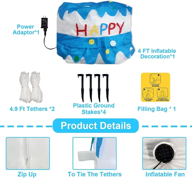Alt view image 6 of 6 - 4 Ft Inflatable Happy Birthday Cake with Candles & 6 LED Lights, Outdoor Lighted Blow-Up Party Décor for Home, Garden & Lawn