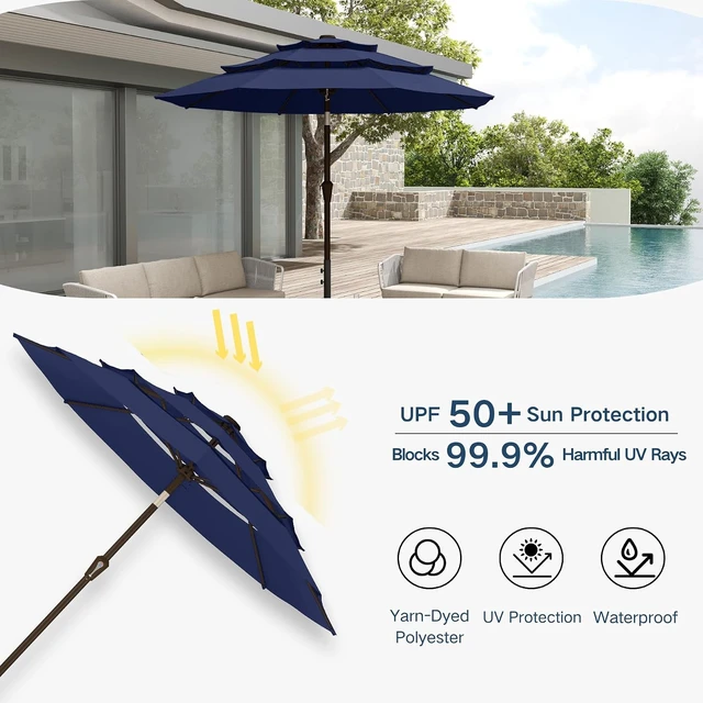 Alt view image 6 of 7 - 10FT 3-Tier Patio Market Umbrella with Push Button Tilt & Crank UV Waterproof Outdoor Table Umbrella for Garden, Pool, Backyard, Deck, Lawn, Navy Blue