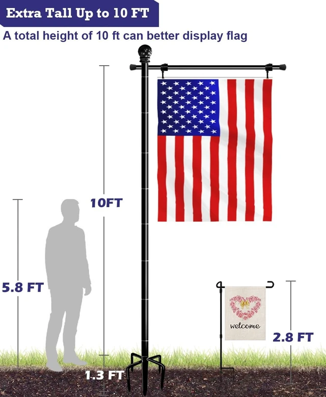 Alt view image 2 of 7 - 10FT Garden Flag Stand Pole for 3x5 Flags with 5-Spike Base