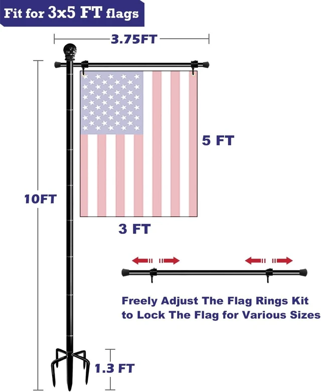 Alt view image 5 of 7 - 10FT Garden Flag Stand Pole for 3x5 Flags with 5-Spike Base